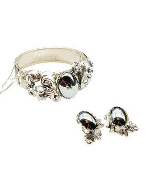 Vintage Silver-Tone Hematite Bracelet & Clip-On Earrings Set with Ornate Scrollw